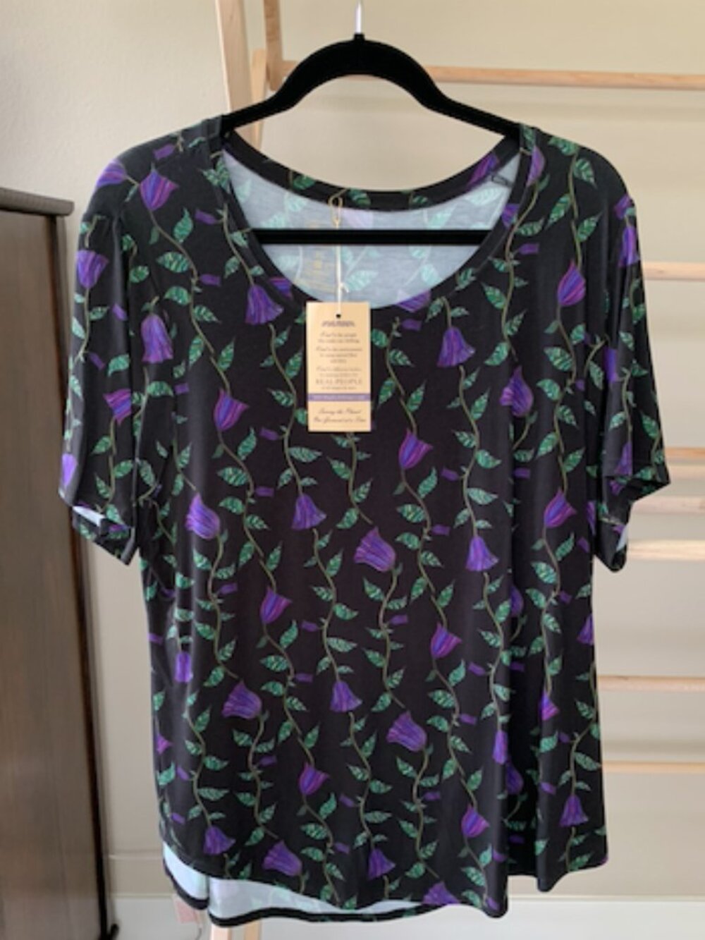 NWT Blue Sky Clothing Co Black Purple Floral Bamboo Stretch Tee XL